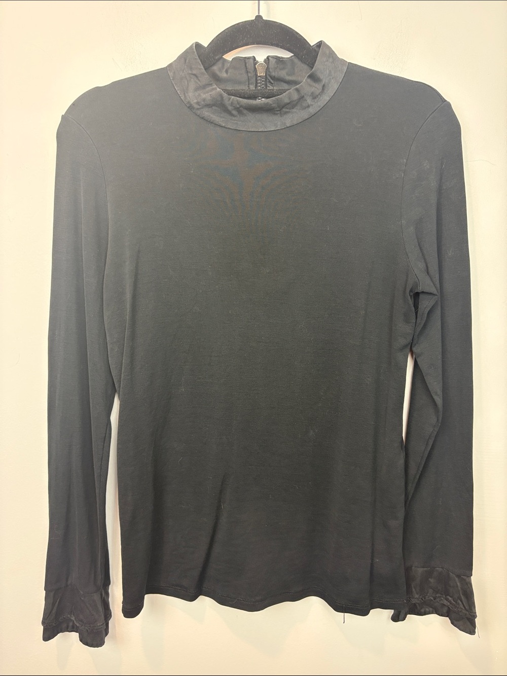 Women's Black Long-Sleeve Mock Neck Top with silk Trim